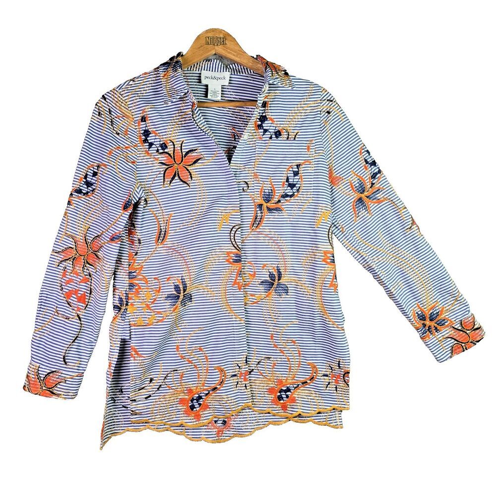 Peck & Peck Embroidered Striped Floral Shirt Small Cotton Boho Scallop Hem Blue